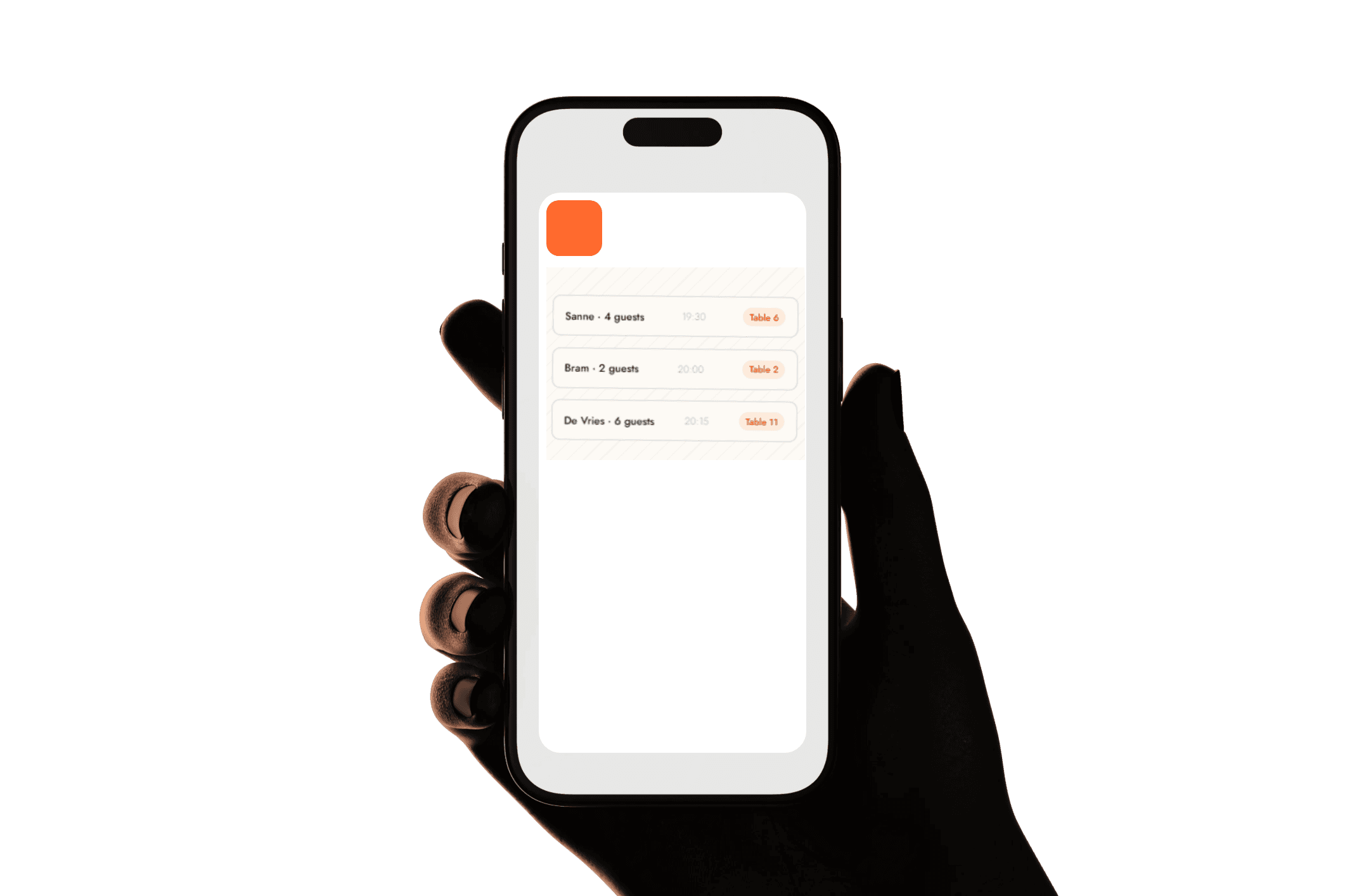 Hand met een telefoon met de reserveringen van vandaag